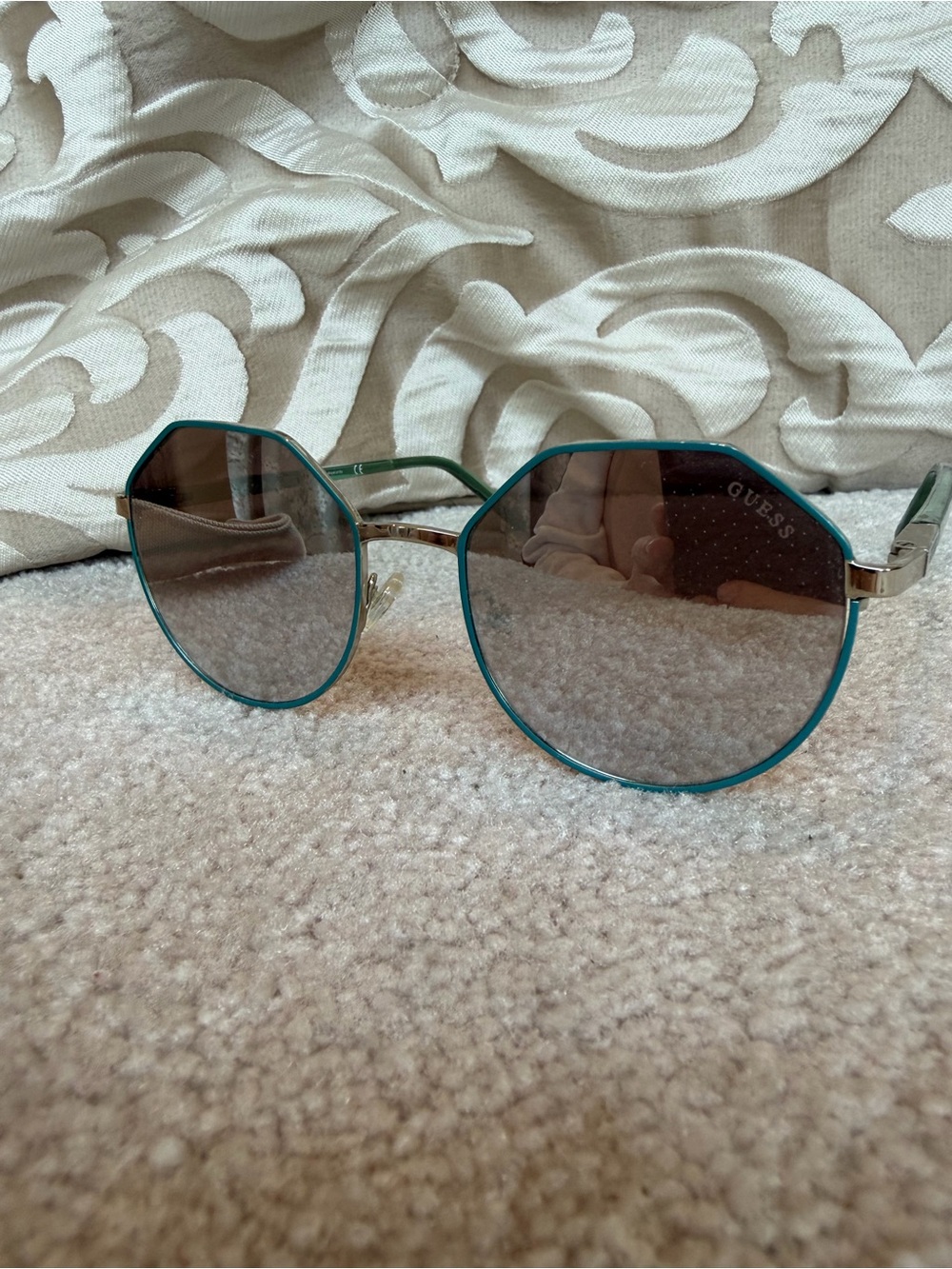 Guess Turquoise Geometric Octagon Sunglasses Gold/Green Frame GU3034